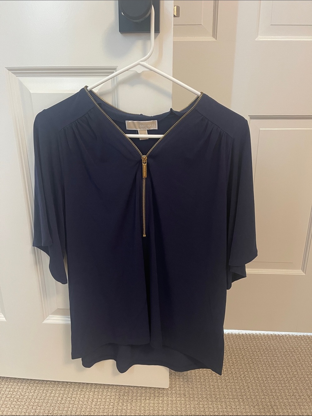 Michael Kors Navy Blouse with Gold Zip Detail